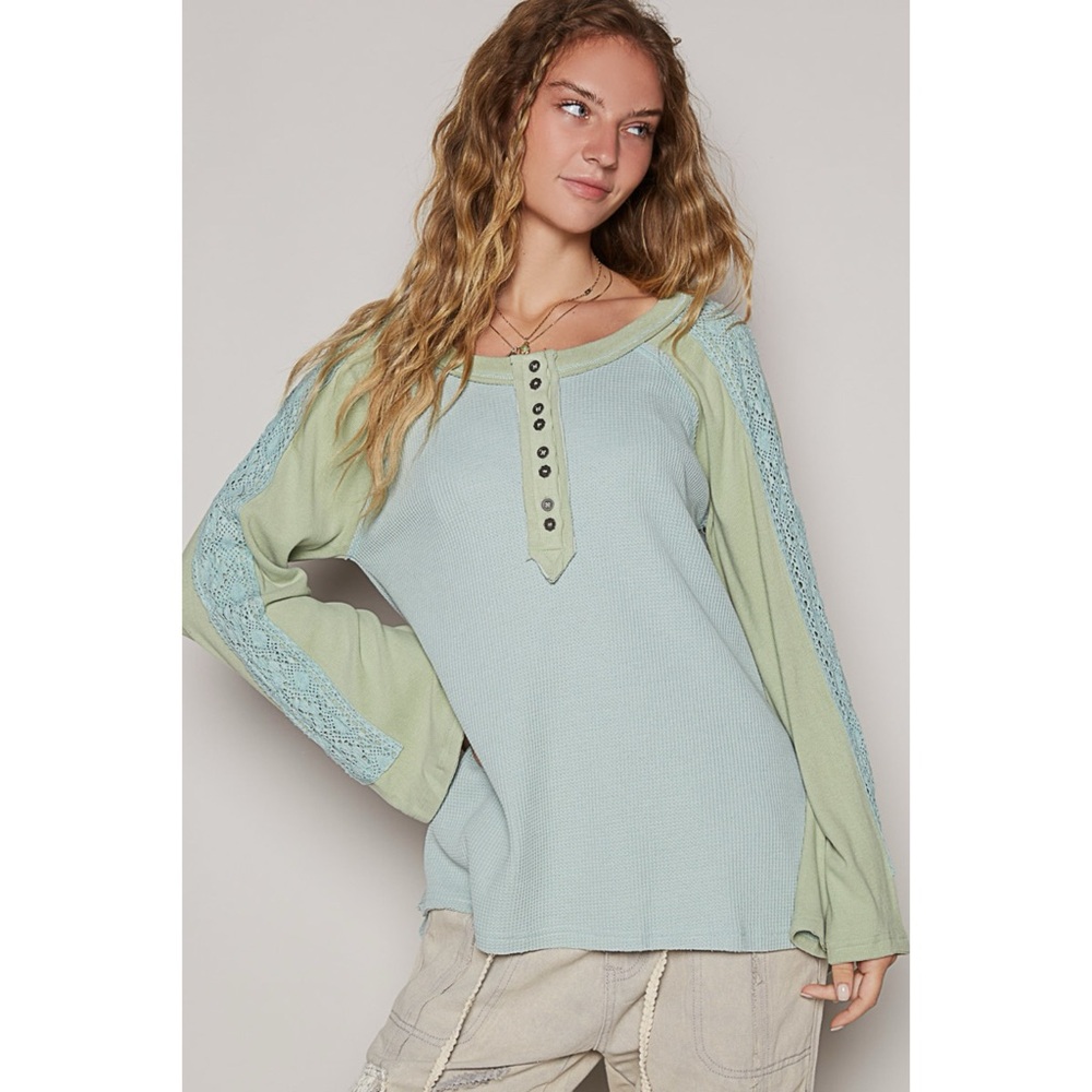 POL Color Block Lace Trim Long Sleeve Henley Top in Seafoam Green - Picture 5 of 5